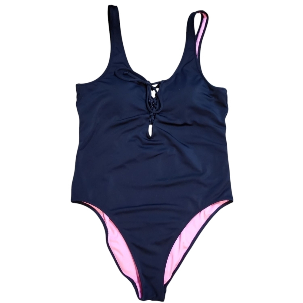 PINK Black Lace Up One Piece Swimsuit Size Small
